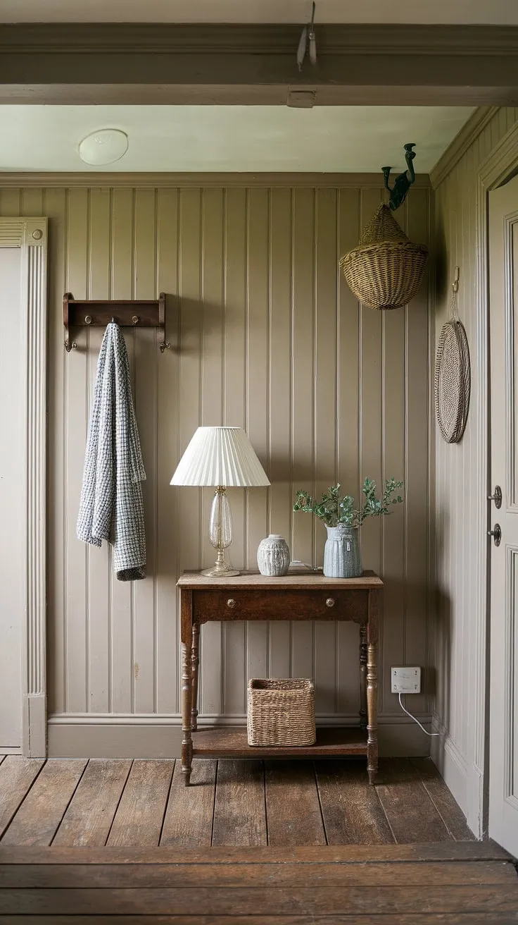 Charming cottage entryway boasts a vintage table, wooden floors, and rustic details creating a welcoming atmosphere.