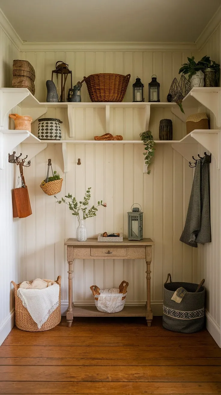 Warm lighting and charming vintage decor create an inviting cottage entryway
