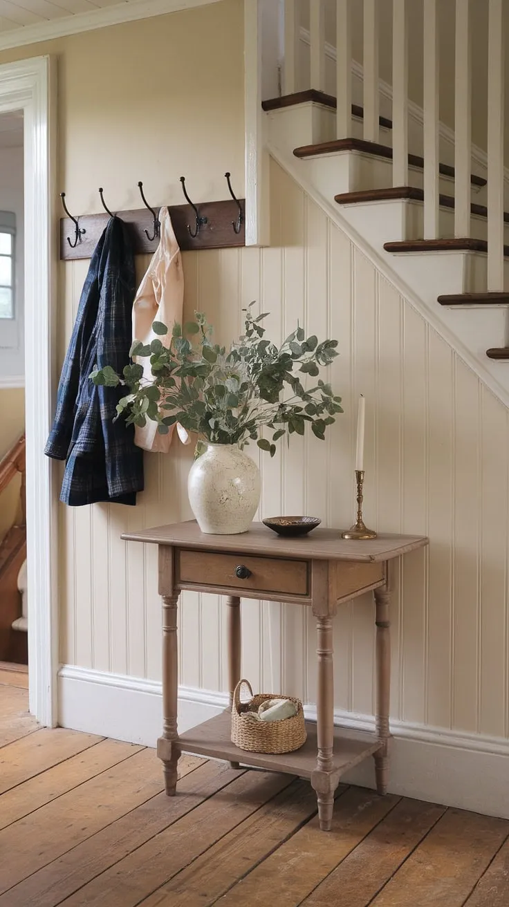 An inviting English cottage hallway features a vintage table styled with greenery and a candle, hinting at cozy home life.