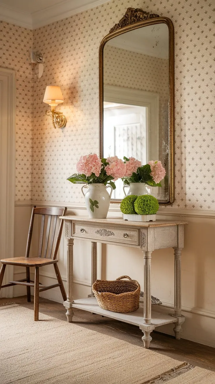 Warm lighting enhances the charming entryway of a country cottage, featuring a vintage table adorned with flowers and a large mirror.
