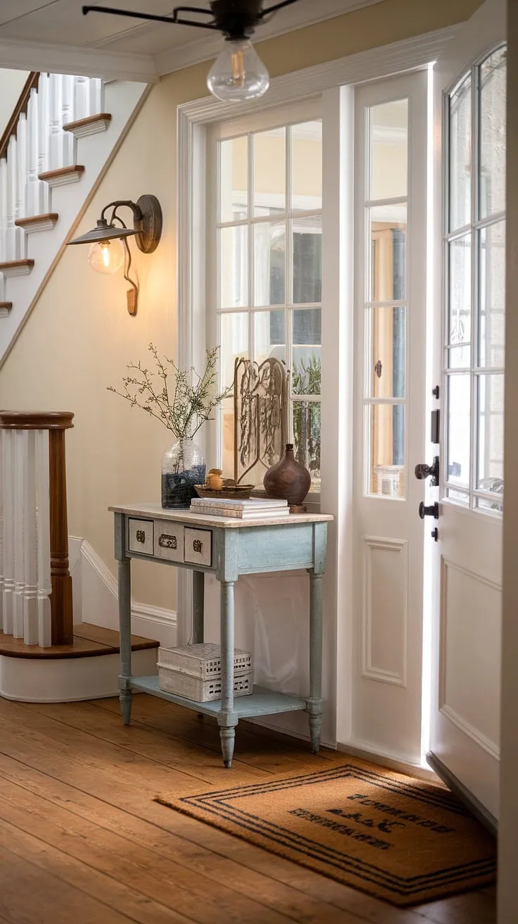 A vintage table and charming details create a welcoming country cottage entry.