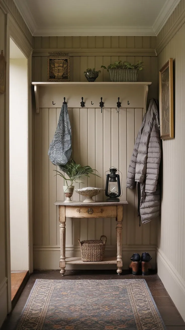 A charming English country cottage entryway boasts vintage details, including a hallway table, coat rack, and patterned rug, creating a welcoming and classic atmosphere.