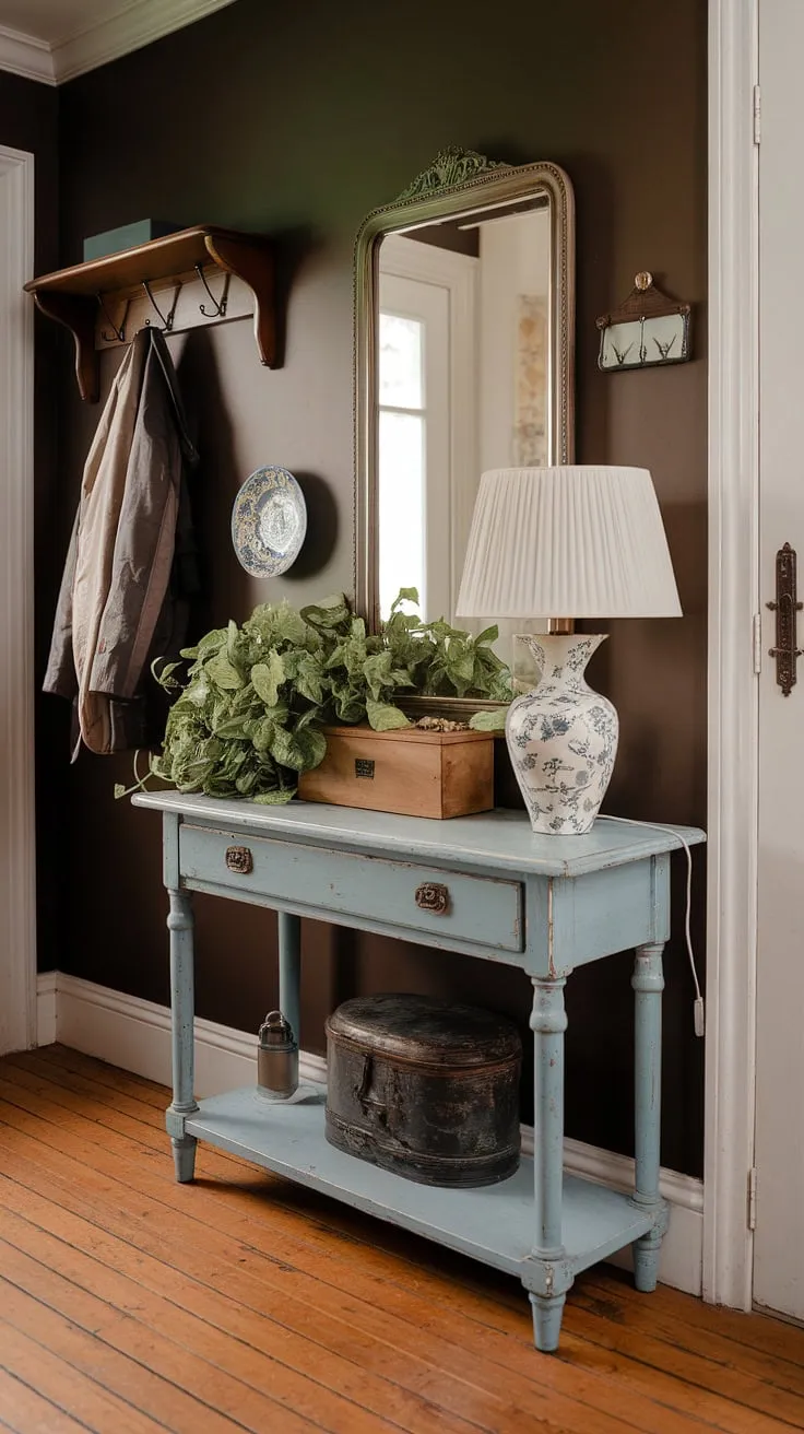 A quaint cottage entry features a dark-painted hallway and a vintage table adorned with a lamp, plant, and decorative items.