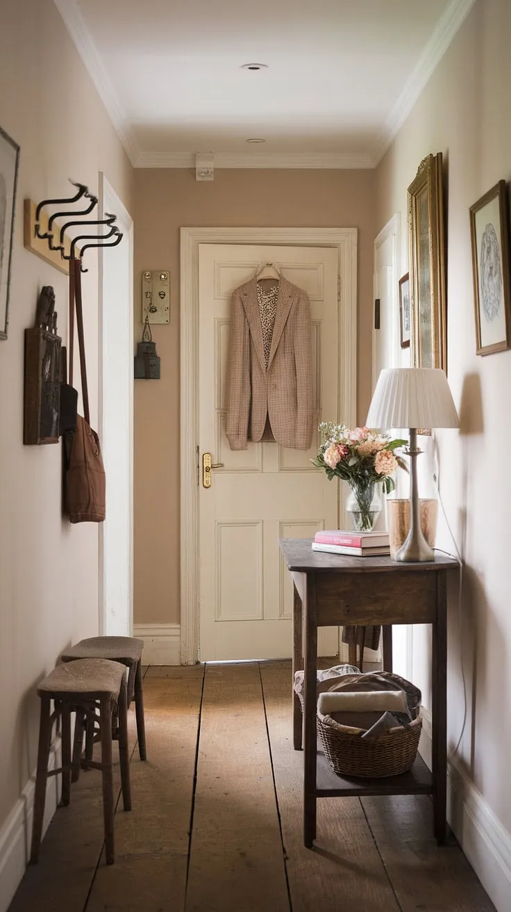A vintage hallway table and thoughtfully placed items create an inviting atmosphere in this charming English cottage entryway.