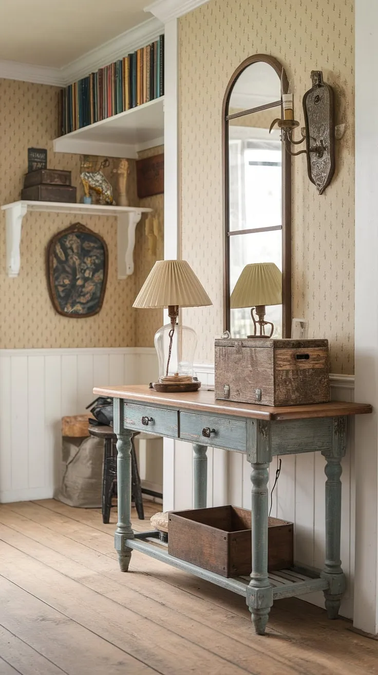Rustic charm fills a cottage entryway, where a vintage table and eclectic décor create a welcoming atmosphere.