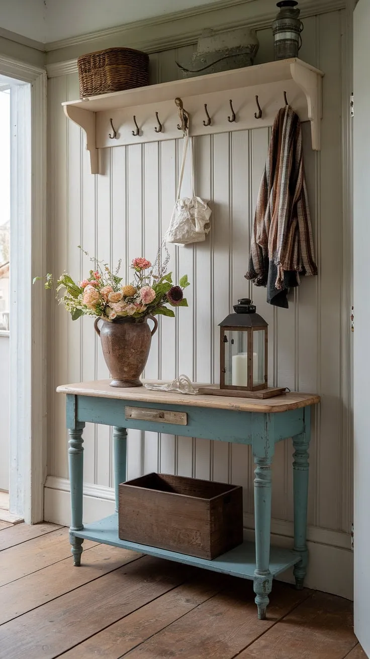 A rustic vase of flowers and charming details adorn a vintage English cottage entryway's wooden-floored hallway, creating a welcoming atmosphere.