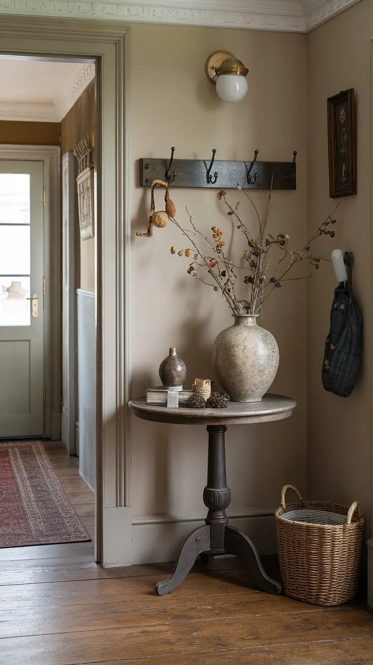 Elegant vintage charm fills a quaint English cottage entryway, showcasing a classic hallway table and decorative accents.