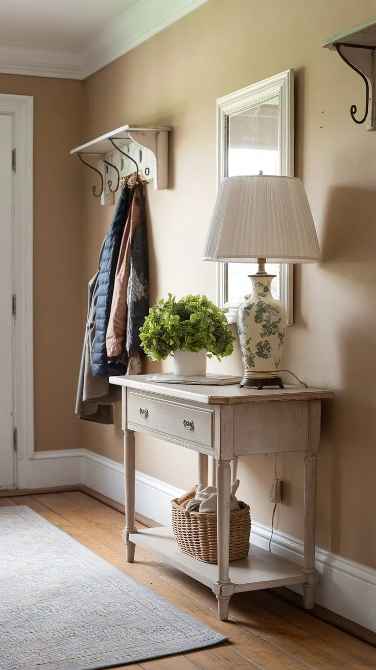 A welcoming cottage entryway boasts a vintage table and green plant, creating a classic country feel.
