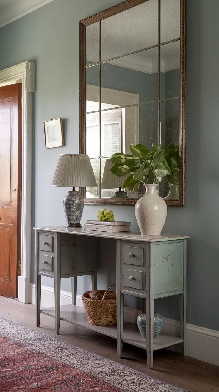 Soft blue walls and patterned rugs complete the inviting vintage hallway scene.