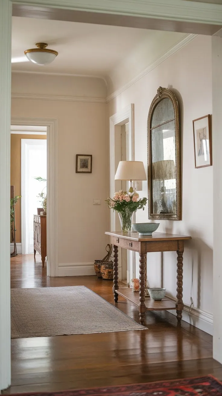 A vintage hallway table, lamp, flowers, and mirror create a charming focal point in this classic cottage entryway.