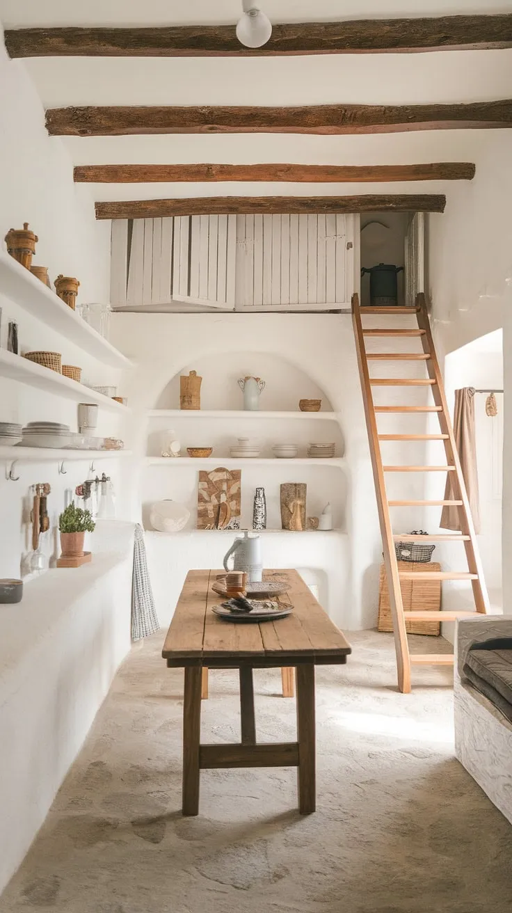 Exposed wooden beams and a stone floor create a charming farmhouse aesthetic in this white cottage interior.