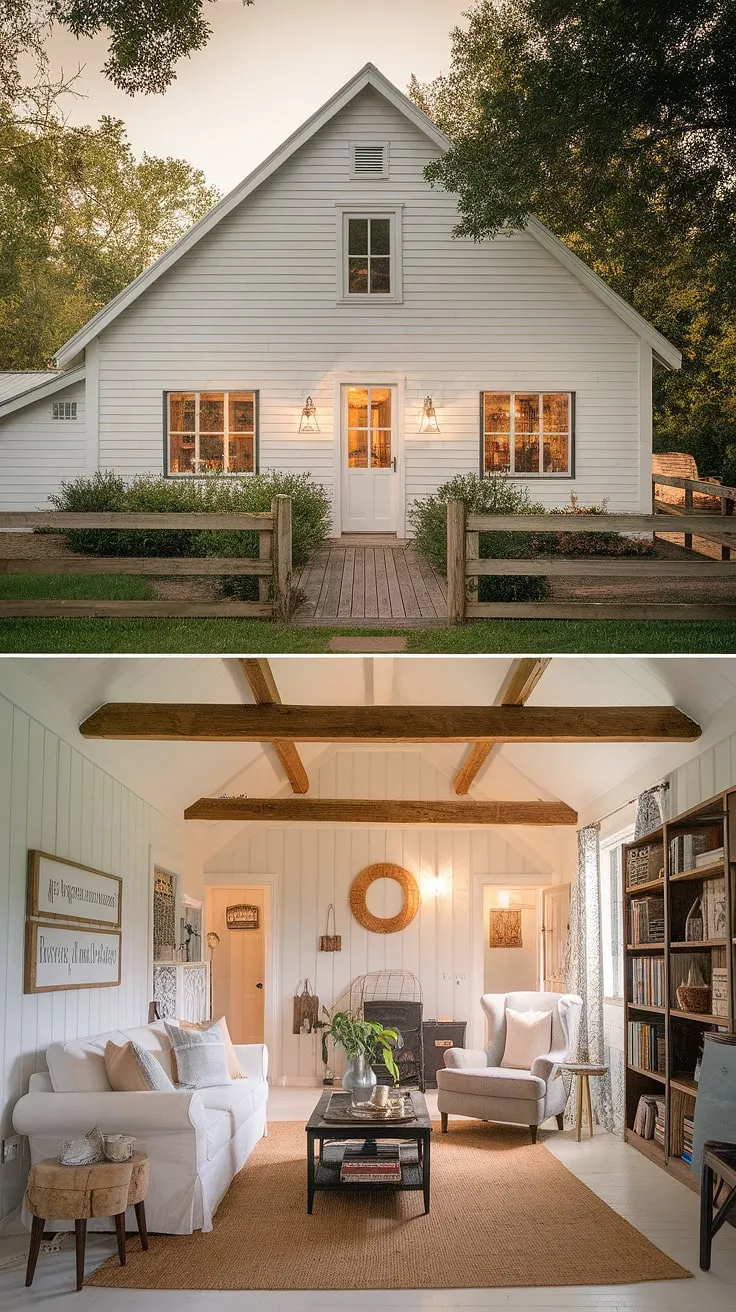 A charming white farmhouse offers a cozy interior with warm lighting and comfortable furnishings