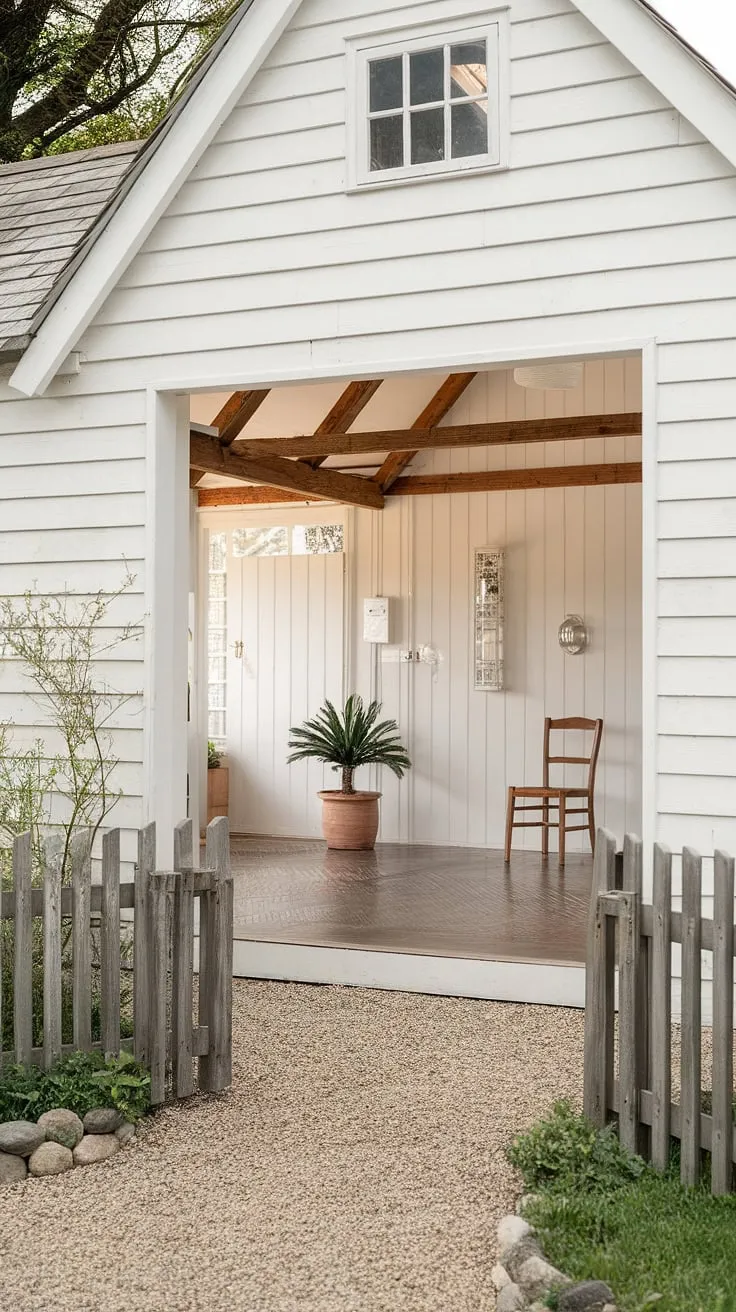 Elegant farmhouse charm is evoked through whitewashed walls, wooden beams, and a gravel path.