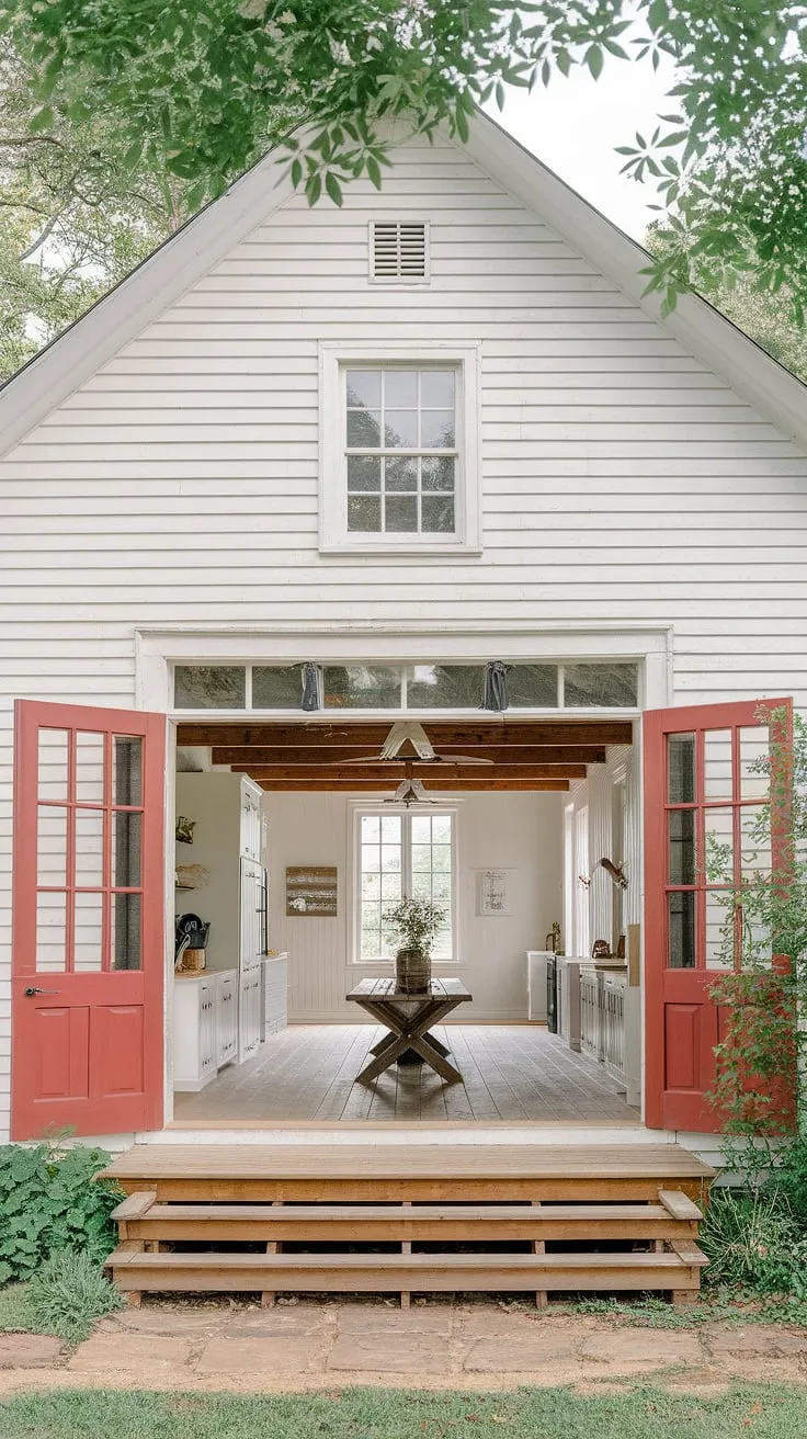 A charming white farmhouse with a red door, wooden porch, and spacious interior evokes the idyllic cottage life.