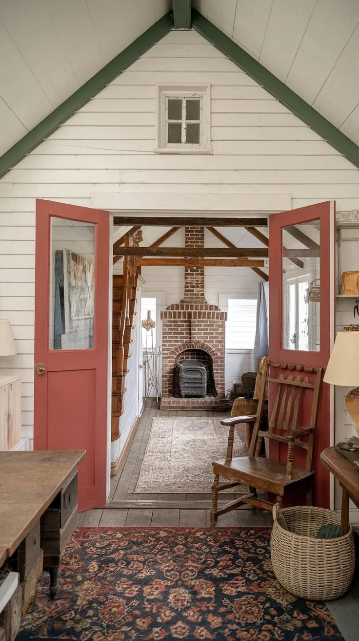 Charming white farmhouse with green roof and red doors boasts a cozy interior featuring wooden beams, a fireplace, and vintage details.