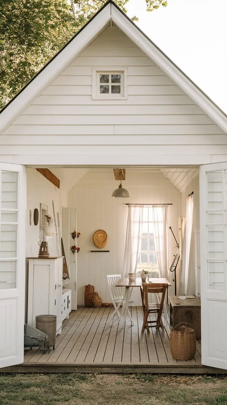 Soft light illuminates a charming white farmhouse's simple interior and pristine exterior.