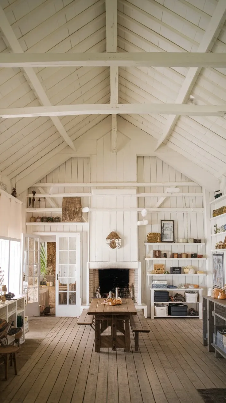 Warmth and charm fill this high-ceilinged farmhouse cottage, its wooden beams and fireplace creating a welcoming atmosphere.