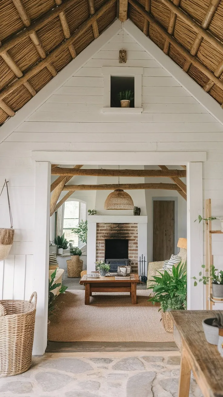 A charming thatched cottage exudes warmth with its stone floor, wooden beams, and inviting fireplace.
