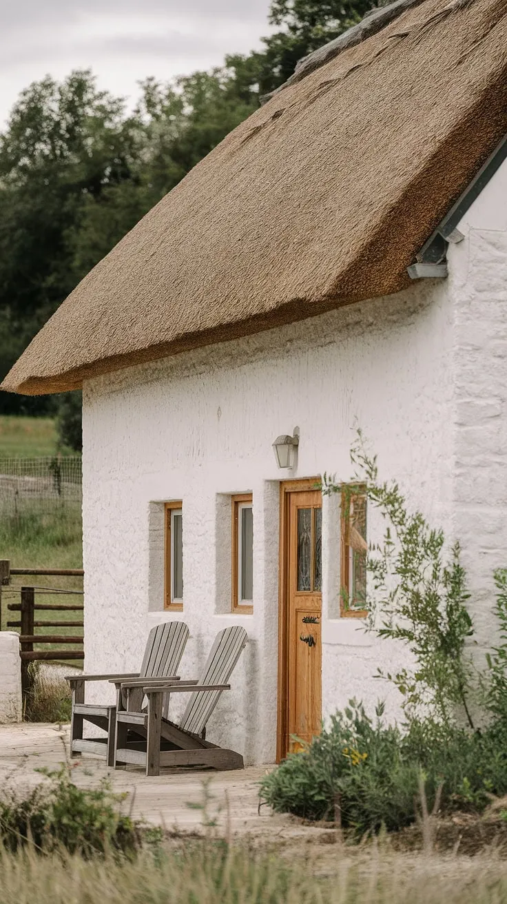 A quaint stone farmhouse with a thatched roof and wooden door exudes idyllic country charm.
