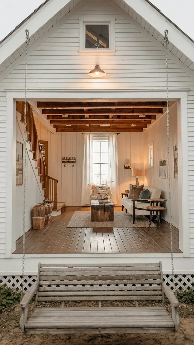 Warm lighting enhances the inviting atmosphere of a charming white farmhouse, complete with wooden details and cozy furnishings