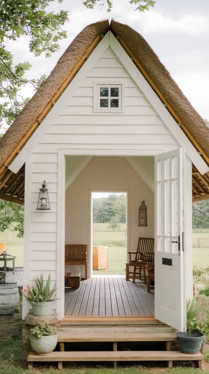 A charming white farmhouse, nestled in a verdant landscape, exudes simple elegance.