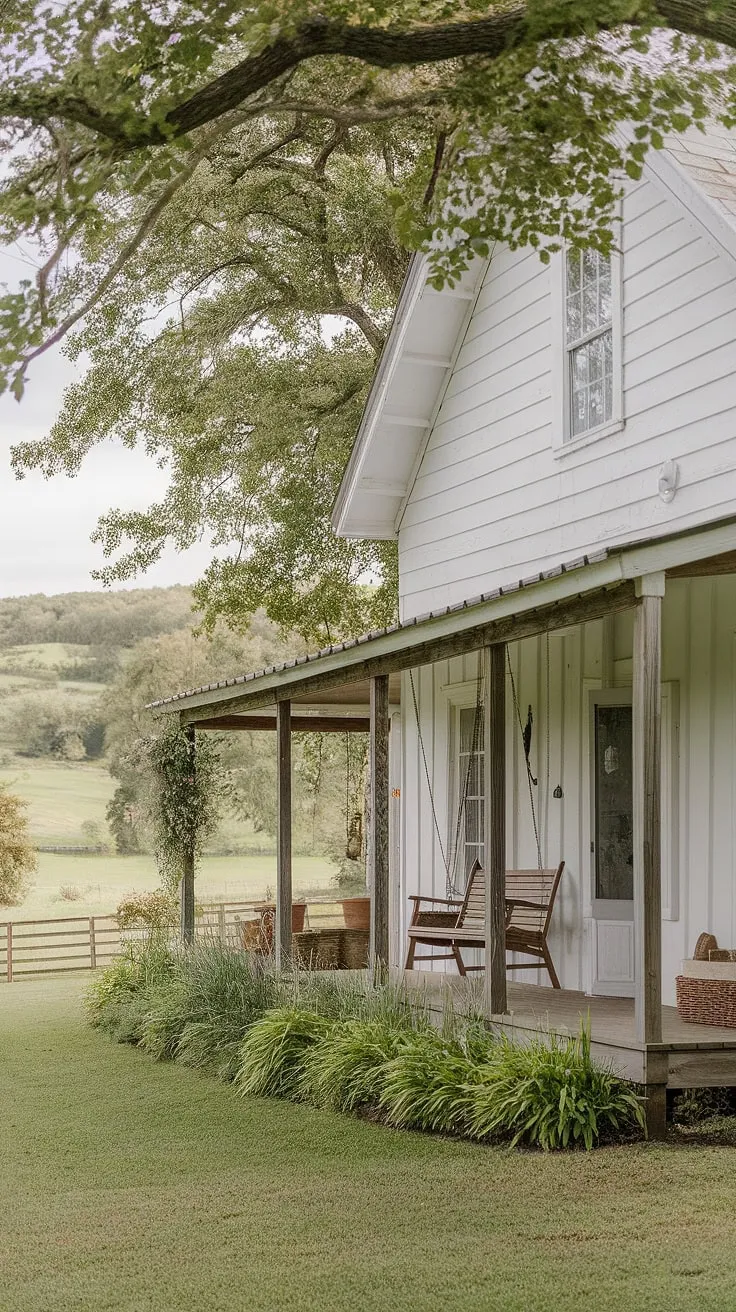 A charming white farmhouse, complete with a wooden porch swing, sits nestled in a tranquil countryside landscape.