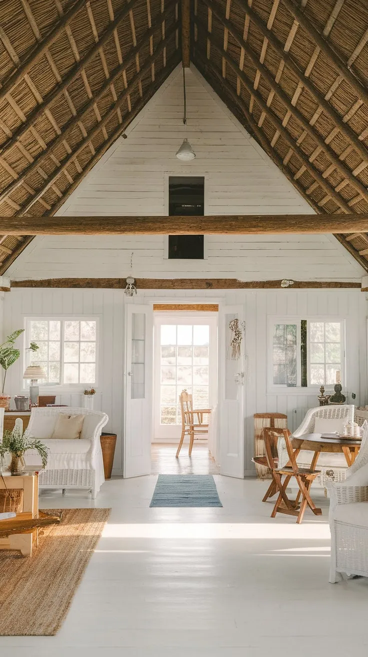 A charming white farmhouse with a thatched roof offers a bright and airy interior, creating a cozy country escape