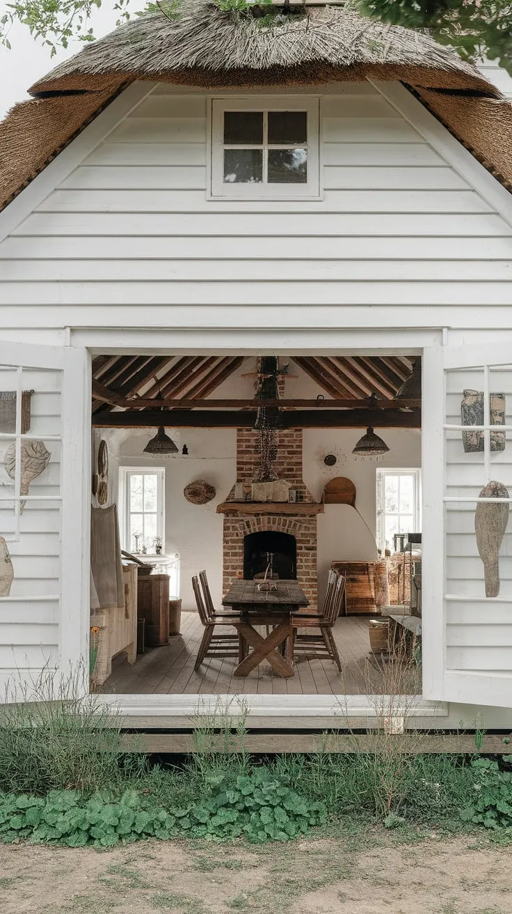 Cozy white farmhouse with thatched roof and rustic interior offers a charming cottage escape.