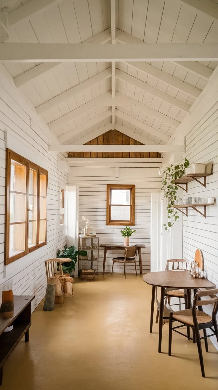 A white farmhouse exudes warmth through its natural light, wooden accents, and invitingly simple furnishings.