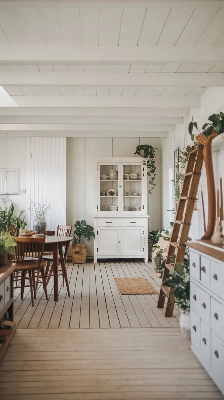 A white farmhouse interior evokes coziness with simple wooden furniture and greenery