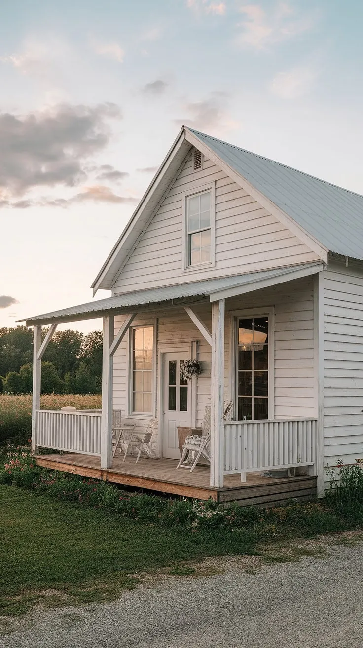 Idyllic country life is captured in a picture of a charming white farmhouse surrounded by flourishing greenery.
