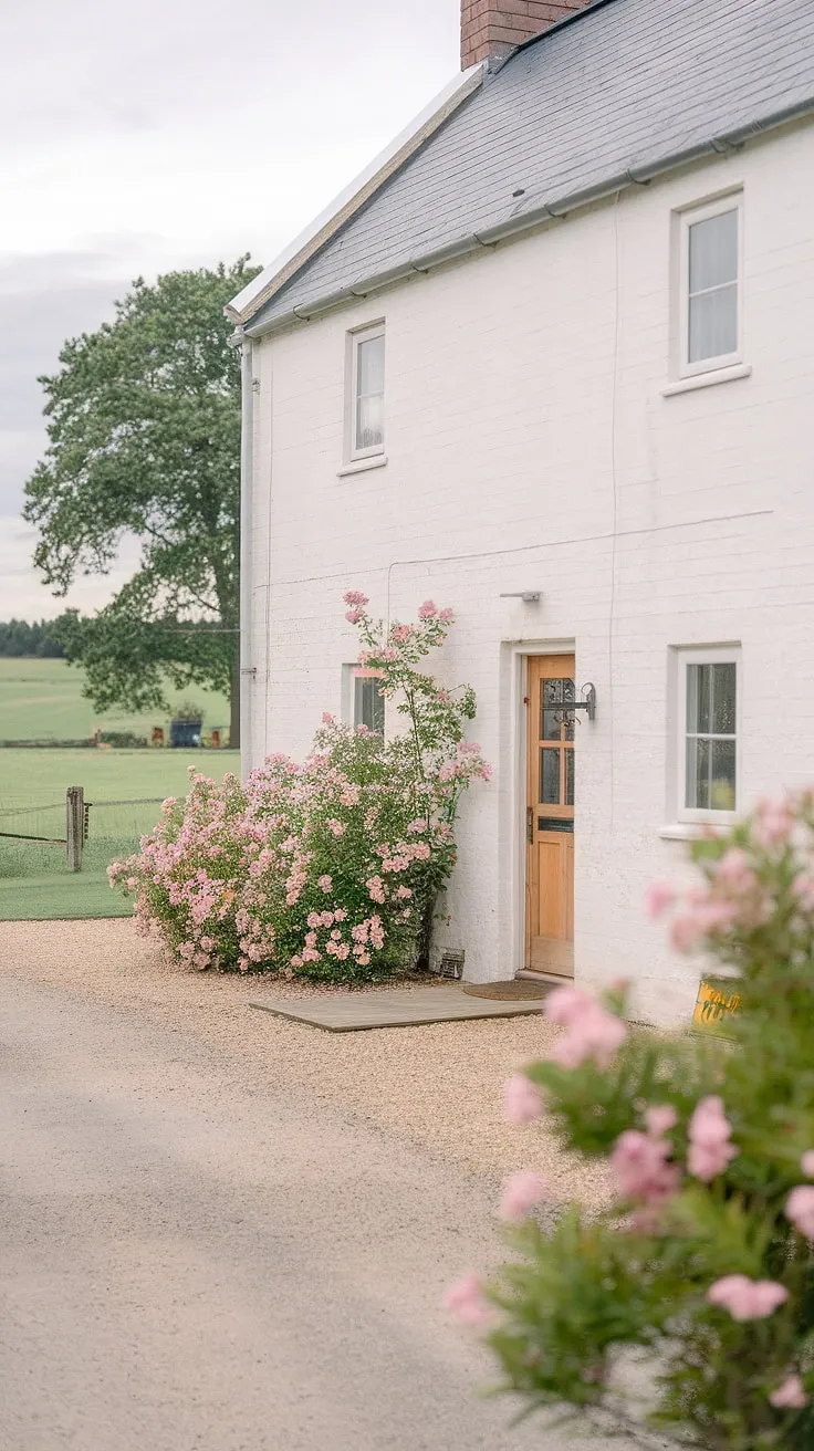 Pink blooms accent a quaint white farmhouse nestled in a tranquil field.