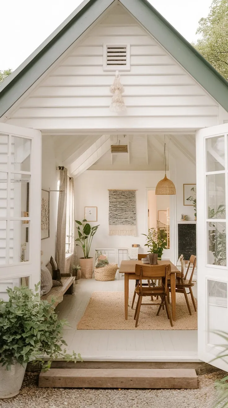 A charming white farmhouse with a green roof offers a bright, airy interior blending modern and traditional design elements for a cozy atmosphere