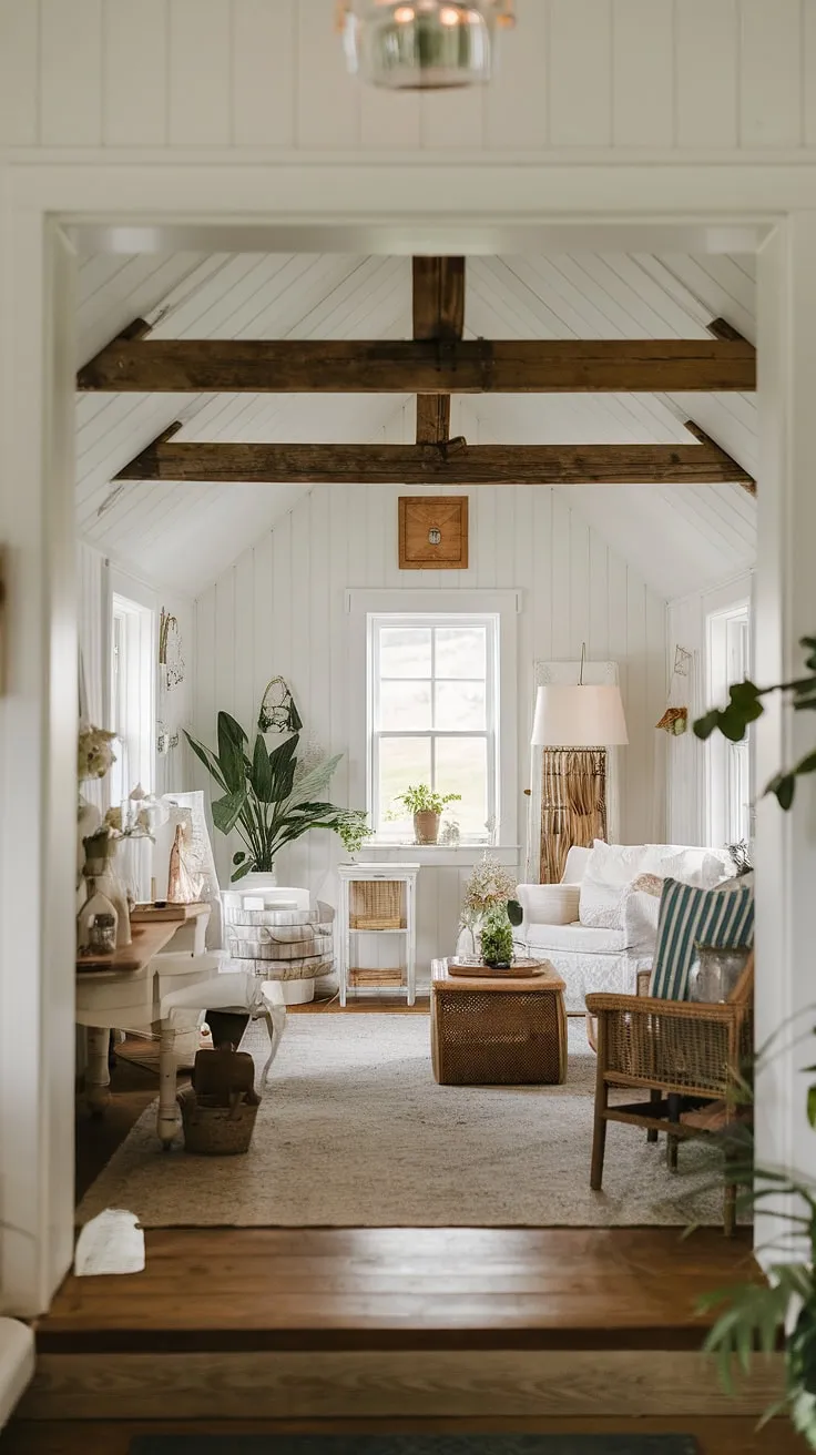 Cozy countryside cottage farmhouse boasts rustic charm with white decor and wooden accents.