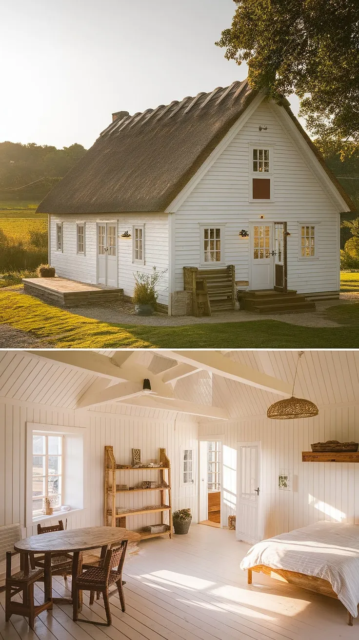 A charming white farmhouse cottage, nestled in verdant countryside, boasts rustic wooden interiors bathed in warm sunlight.