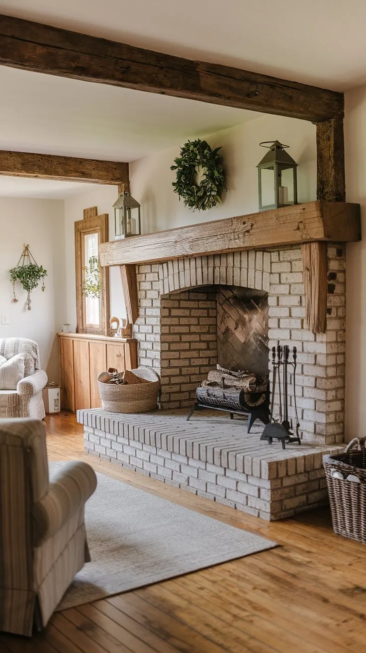 Cozy warmth fills a country cottage living room, centered around a magnificent brick and stone fireplace with a long hearth.
