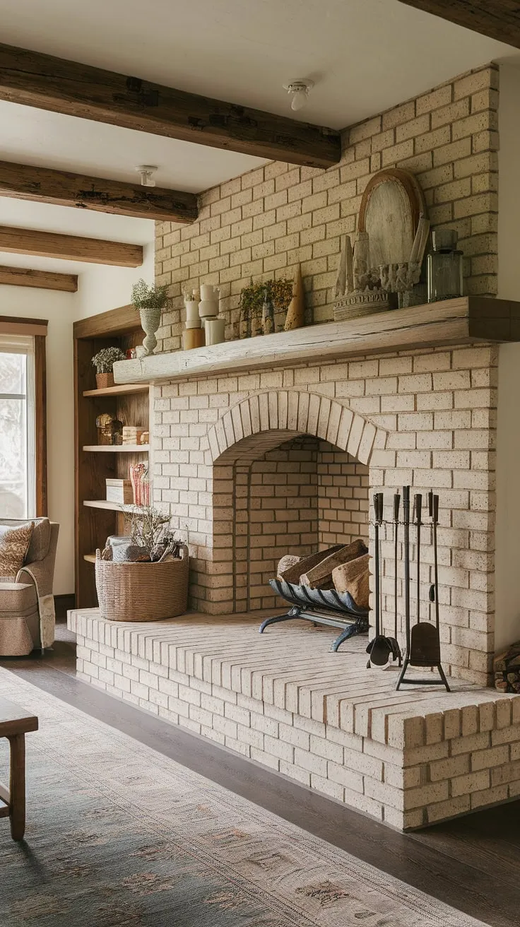 Rustic charm fills a country cottage living room, centered by a long hearth brick fireplace with a wood mantel and stone backsplash.