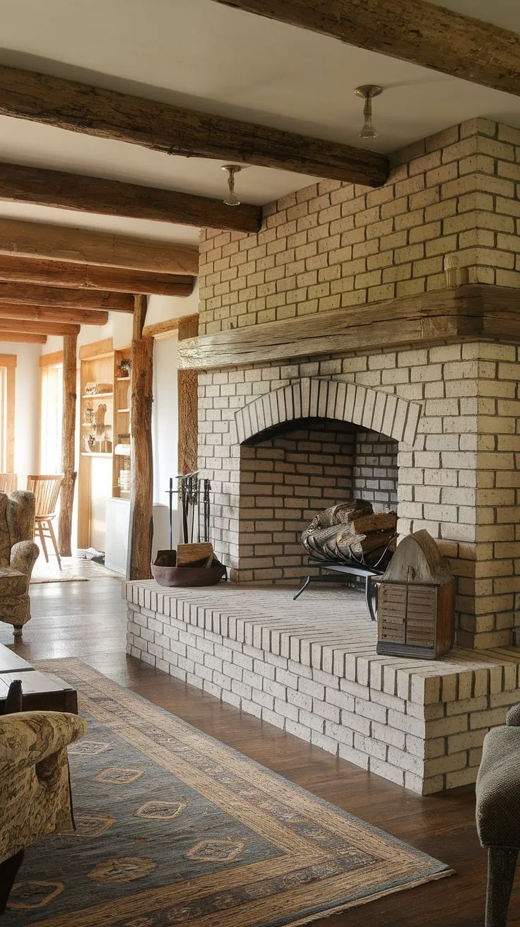 A cozy country cottage living room features a large brick fireplace, wooden beams, and a charmingly patterned rug
