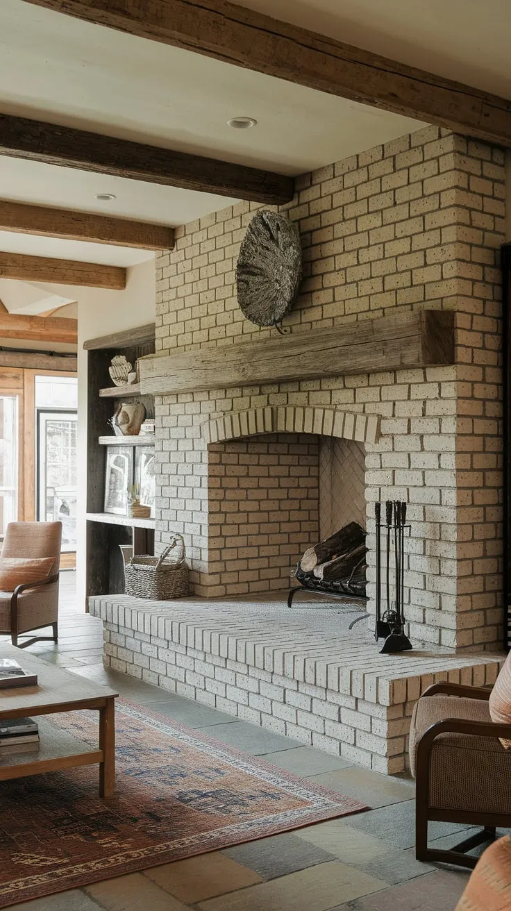 Cozy country cottage charm centers around a large brick fireplace with a wood mantel and stone backsplash.