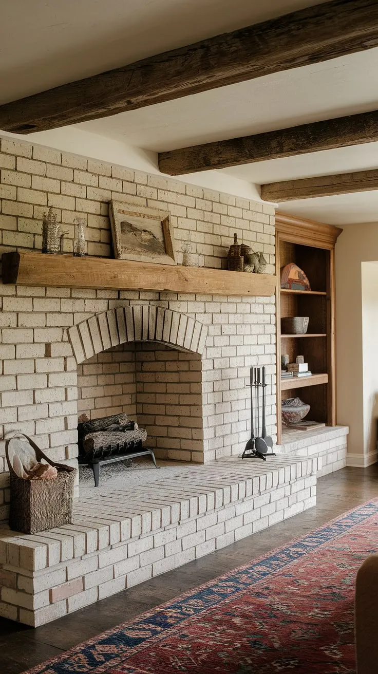 Rustic charm fills a country cottage living room, centered by a magnificent brick fireplace with a wood mantle and stone backsplash.