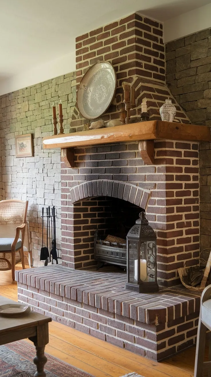 Cozy country cottage charm is perfectly captured by a curved brick fireplace, its mantel adorned with decorative accents, inviting warmth into the stone-walled living room.
