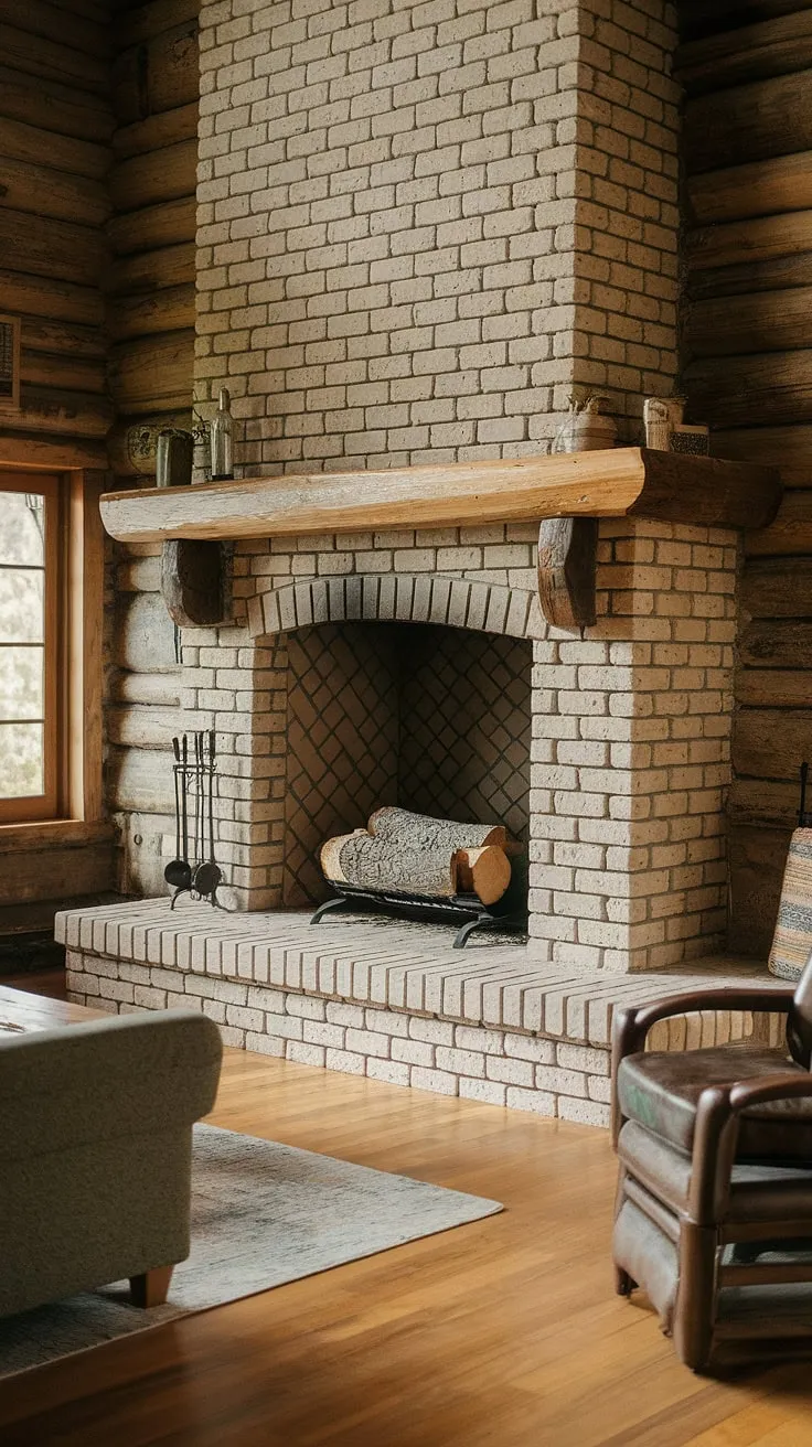 A cozy stone cabin living room features a large brick fireplace, promising warmth and comfort