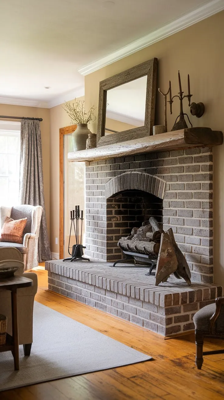 A cozy country living room features a substantial brick fireplace as its captivating centerpiece