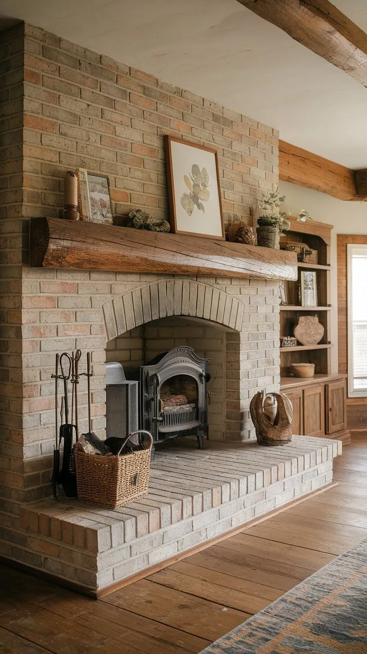 Rustic charm fills a country cottage living room warmed by a wood-mantled brick fireplace with a stone hearth.