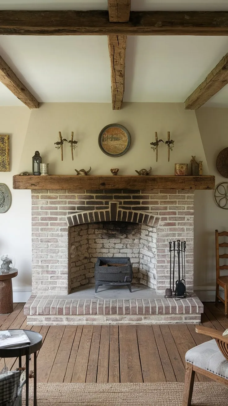 Exposed wooden beams and a stone hearth create a captivating focal point in this idyllic country cottage.