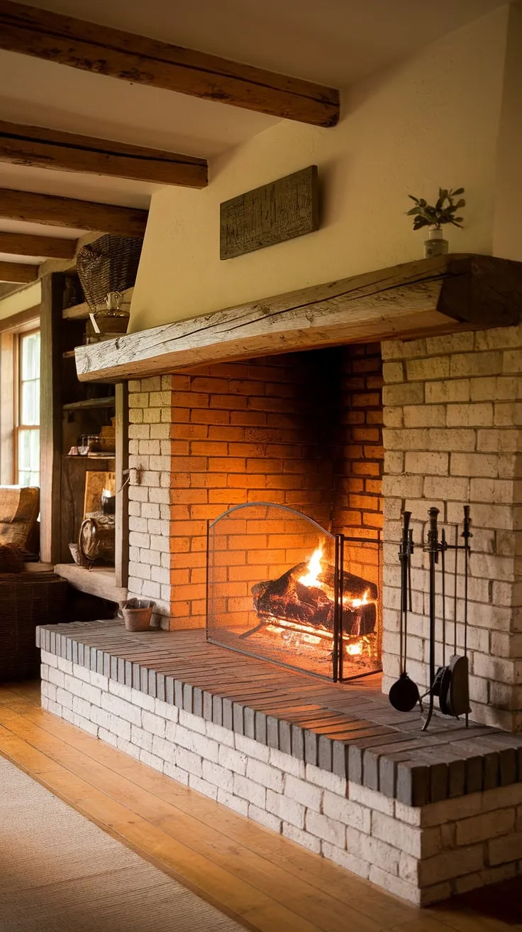 A glowing fireplace anchors the charming cottage's cozy wooden interior