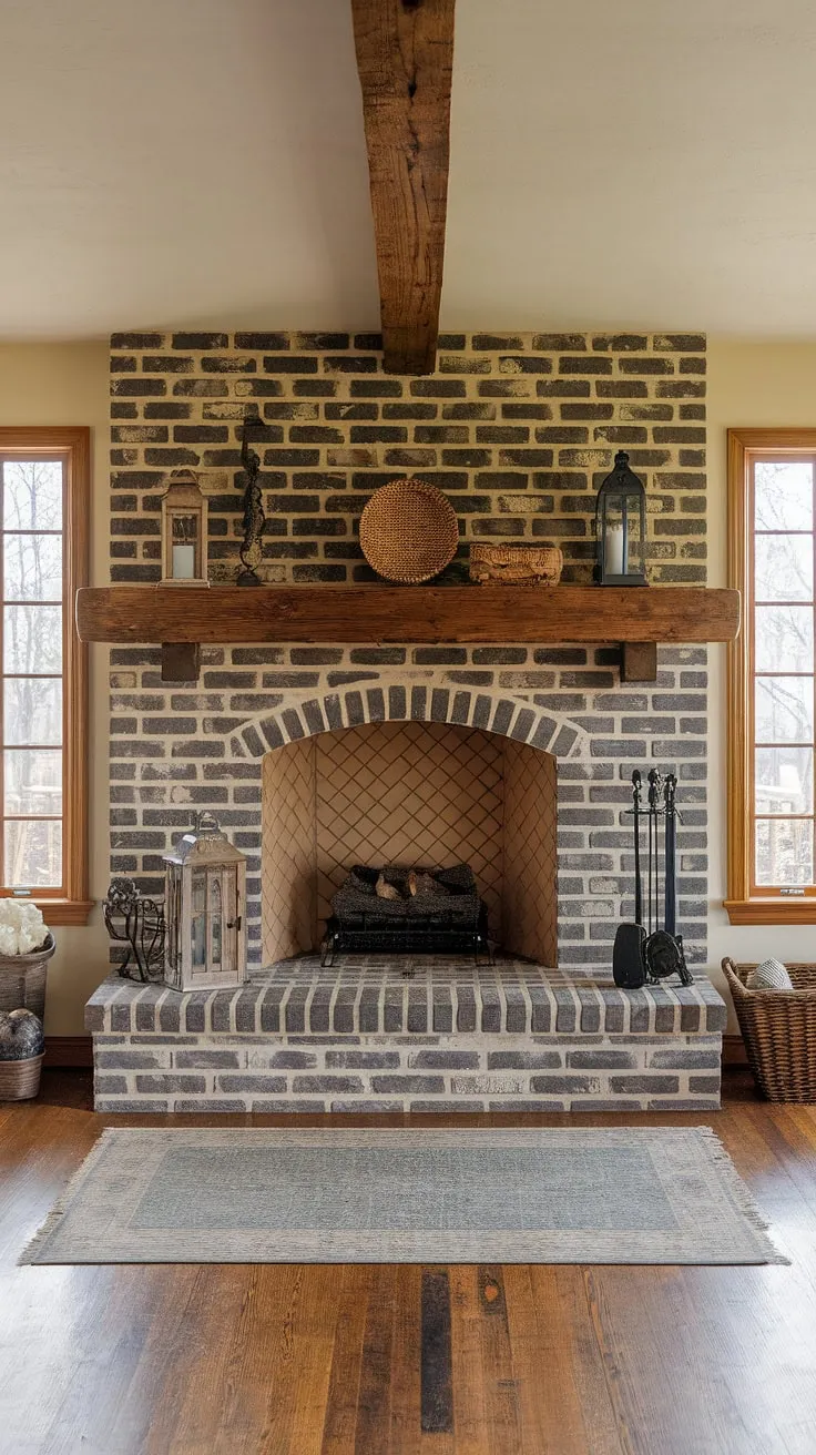 Rustic charm fills a country cottage living room, centered by a long brick fireplace with a wood mantel and stone backsplash.