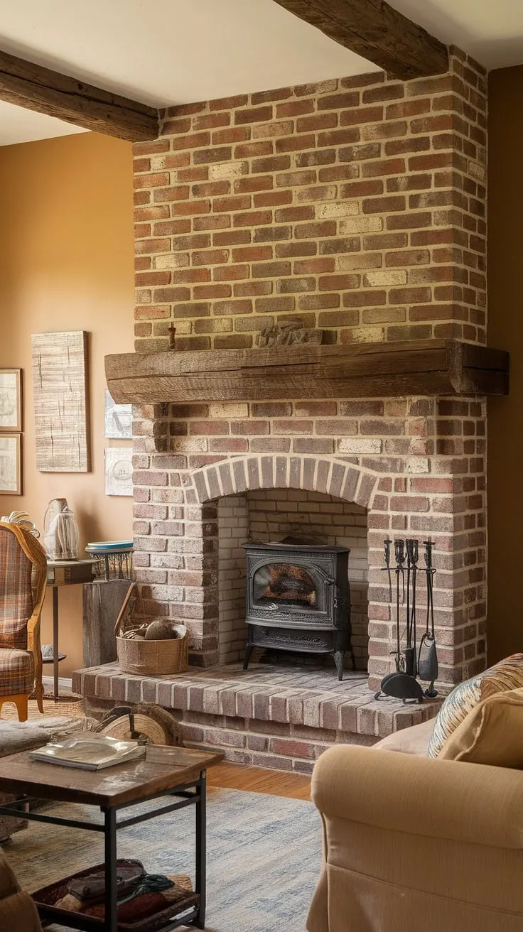 Warm hues and a brick fireplace create a cozy country cottage living room.