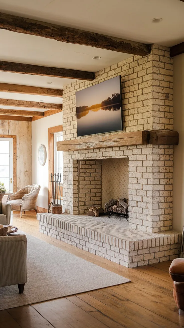 Exposed wooden beams and a stone-backed hearth create a charming country cottage living room atmosphere
