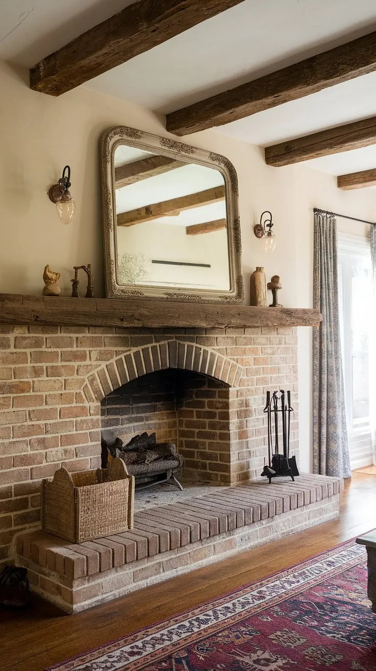 Exposed beams and a patterned rug enhance the cozy atmosphere of the fireplace-focused room.